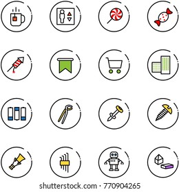 line vector icon set - tea vector, elevator, lollipop, candy, firework rocket, flag, cart, building, battery, plumber, nail dowel, screw, allen key set, robot, constructor blocks