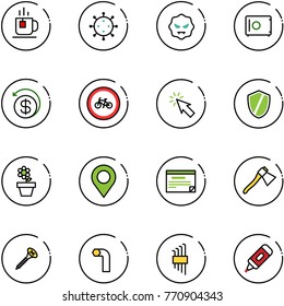 line vector icon set - tea vector, virus, safe, money back, no bike road sign, cursor, shield, flower pot, map pin, schedule, axe, screw, allen key, set, marker