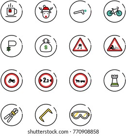line vector icon set - tea vector, christmas deer hat, push ups, bike, ruble, money bag, slippery road sign, gravel, no moto, limited width, cart horse, chess tower, bolt cutter, staple