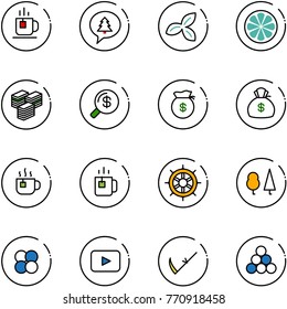 line vector icon set - tea vector, merry christmas message, three leafs, lemon slice, big cash, money search, bag, hot, green, hand wheel, forest, atom core, playback, scythe, billiards balls