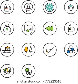 line vector icon set - tea vector, merry christmas message, lemon slice, sweet pepper, money bag, shared folder, fast backward, green, bungalow, forest, scythe, billiards balls, xylophone