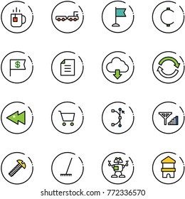line vector icon set - tea vector, baggage truck, flag, cent, dollar, document, download cloud, refresh, fast backward, cart, bezier, fine signal, screw, rake, robot, toy block house