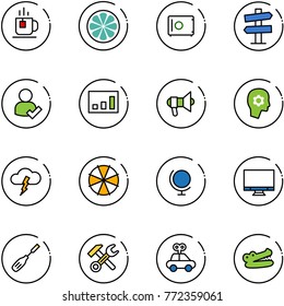 line vector icon set - tea vector, lemon slice, safe, road signpost sign, user check, statistics, megaphone, brain work, storm, parasol, globe, monitor, chisel, wrench hammer, car toy, crocodile