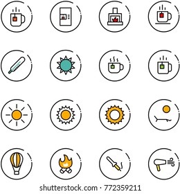 line vector icon set - tea vector, coffee machine, fireplace, thermometer, sun, hot, green, lounger, air balloon, fire, soldering iron, dryer