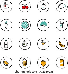 line vector icon set - tea vector, rowanberry, apple, lemon, carrot, slice, broccoli, milk, hot, drink, banana, watermelone, pineapple, strawberry