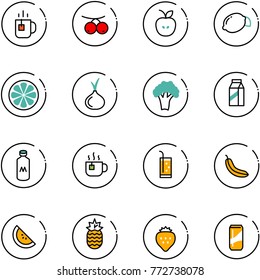 line vector icon set - tea vector, rowanberry, apple, lemon, slice, onion, broccoli, milk, hot, drink, banana, watermelone, pineapple, strawberry