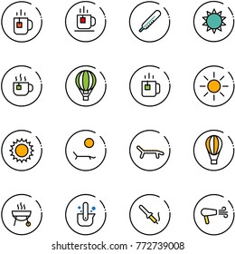 line vector icon set - tea vector, thermometer, sun, hot, air balloon, green, lounger, grill, casting of steel, soldering iron, dryer