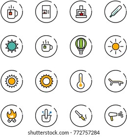 line vector icon set - tea vector, coffee machine, fireplace, thermometer, sun, hot, air balloon, lounger, fire, casting of steel, soldering iron, dryer