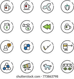 line vector icon set - tea vector, three leafs, sweet pepper, money bag, encashment, fast backward, hot, dialog, atom core, scythe, laser lever, billiards balls, xylophone, toy horse, bus