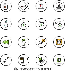 line vector icon set - tea vector, smoking area sign, snowball tree, pear, money bag, encashment, fast backward, manager, dialog, hand wheel, chisel, laser lever, toy caterpillar, cube hole