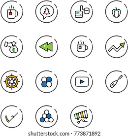 line vector icon set - tea vector, merry christmas message, tonometer, sweet pepper, encashment, fast backward, hot, growth arrow, hand wheel, atom core, playback, chisel, scythe, billiards balls