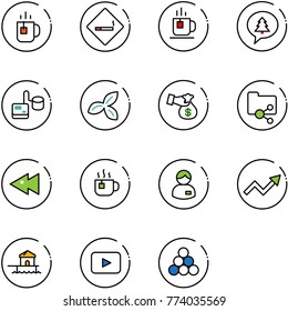 line vector icon set - tea vector, smoking area sign, merry christmas message, tonometer, three leafs, encashment, shared folder, fast backward, hot, manager, growth arrow, bungalow, playback