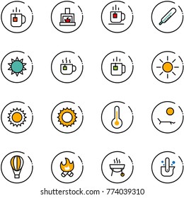 line vector icon set - tea vector, fireplace, thermometer, sun, hot, green, lounger, air balloon, fire, grill, casting of steel