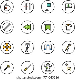 line vector icon set - tea vector, ski, flag, dollar, no limit road sign, fast backward, t shirt, parasol, piston, battery, plumber, screw, clinch, robot, toy giraffe