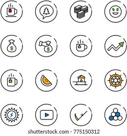 line vector icon set - tea vector, merry christmas message, big cash, dollar smile, money bag, encashment, hot, growth arrow, green, watermelone, bungalow, hand wheel, sun power, playback, scythe