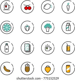 line vector icon set - tea vector, rowanberry, lemon, carrot, slice, sweet pepper, broccoli, milk, breads, hot, drink, banana, pineapple, strawberry