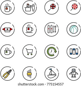 line vector icon set - tea vector, passport control, lollipop, candy, ski, basketball ball, hot, cart, clock around, battery, pliers, allen key set, sailboat toy, robot