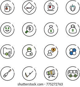 line vector icon set - tea vector, smoking area sign, sweet pepper, dollar smile, money search, bag, shared folder, manager, dialog, atom core, chisel, scythe, xylophone, toy bus