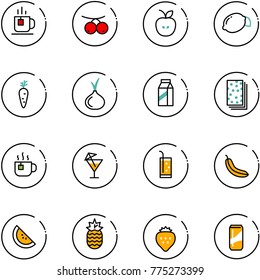 line vector icon set - tea vector, rowanberry, apple, lemon, carrot, onion, milk, breads, hot, drink, banana, watermelone, pineapple, strawberry