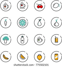 line vector icon set - tea vector, rowanberry, lemon, carrot, slice, pear, onion, broccoli, milk, hot, drink, banana, watermelone, strawberry