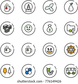 line vector icon set - tea vector, snowball tree, three leafs, pear, big cash, dollar smile, money bag, shared folder, hot, green, hand wheel, forest, atom core, toy caterpillar, bus