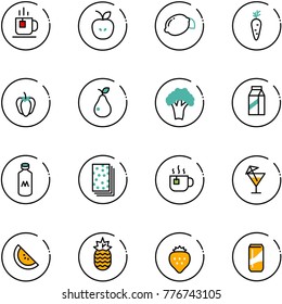 line vector icon set - tea vector, apple, lemon, carrot, sweet pepper, pear, broccoli, milk, breads, hot, drink, watermelone, pineapple, strawberry