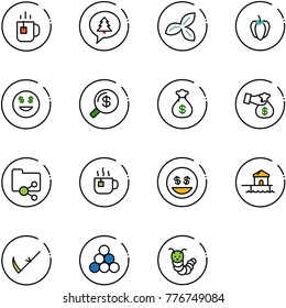 line vector icon set - tea vector, merry christmas message, three leafs, sweet pepper, dollar smile, money search, bag, encashment, shared folder, hot, bungalow, scythe, billiards balls