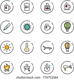 line vector icon set - tea vector, coffee machine, fireplace, thermometer, sun, hot, air balloon, lounger, fire, grill, casting of steel, dryer