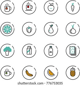 line vector icon set - tea vector, apple, carrot, lemon slice, sweet pepper, pear, onion, broccoli, milk, breads, hot, banana, watermelone, pineapple