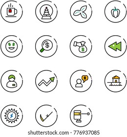line vector icon set - tea vector, snowball tree, three leafs, sweet pepper, dollar smile, money search, encashment, fast backward, manager, growth arrow, dialog, bungalow, sun power, scythe