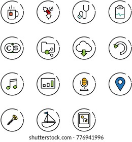 line vector icon set - tea vector, holly, stethoscope, pulse clipboard, euro dollar, shared folder, download cloud, undo, music, statistics, microphone, navigation pin, screw, sailboat toy