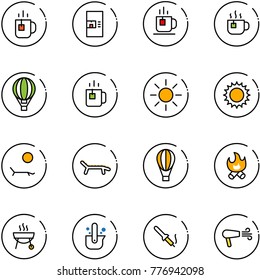 line vector icon set - tea vector, coffee machine, hot, air balloon, green, sun, lounger, fire, grill, casting of steel, soldering iron, dryer