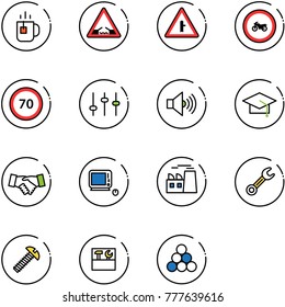 line vector icon set - tea vector, drawbridge road sign, intersection, no moto, speed limit 70, settings, volume max, graduate hat, agreement, monoblock pc, plant, wrench, screw, tool box