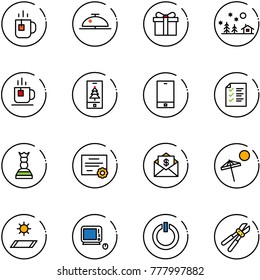 line vector icon set - tea vector, client bell, gift, christmas landscape, mobile, phone, list, chess queen, certificate, mail dollar, beach, mat, monoblock pc, standby button, bolt cutter