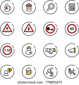 line vector icon set - tea vector, trash bin, bacteria, calculator, slippery road sign, intersection, no trailer, speed limit 40, 110, manager, agreement, speaker horn, money dialog, beer, satellite