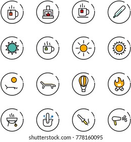 line vector icon set - tea vector, fireplace, thermometer, sun, hot, lounger, air balloon, fire, grill, casting of steel, soldering iron, dryer