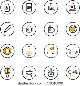 line vector icon set - tea vector, coffee machine, fireplace, thermometer, hot, green, sun, lounger, air balloon, grill, casting of steel, dryer