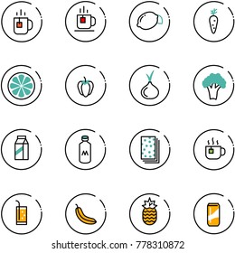 line vector icon set - tea vector, lemon, carrot, slice, sweet pepper, onion, broccoli, milk, breads, hot, drink, banana, pineapple