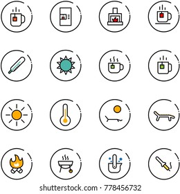 line vector icon set - tea vector, coffee machine, fireplace, thermometer, sun, hot, green, lounger, fire, grill, casting of steel, soldering iron