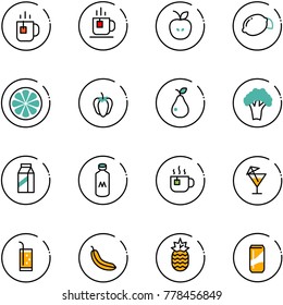 line vector icon set - tea vector, apple, lemon, slice, sweet pepper, pear, broccoli, milk, hot, drink, banana, pineapple