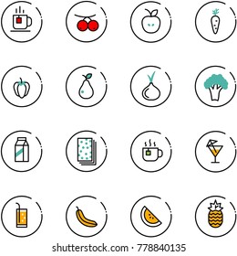 line vector icon set - tea vector, rowanberry, apple, carrot, sweet pepper, pear, onion, broccoli, milk, breads, hot, drink, banana, watermelone, pineapple