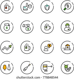 line vector icon set - tea vector, tonometer, sweet pepper, money search, bag, encashment, hot, manager, growth arrow, green, dialog, bungalow, forest, chisel, laser lever, toy caterpillar
