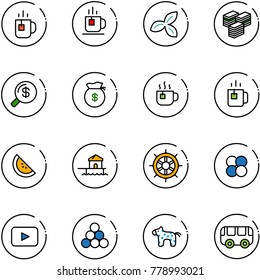 line vector icon set - tea vector, three leafs, big cash, money search, bag, hot, green, watermelone, bungalow, hand wheel, atom core, playback, billiards balls, toy horse, bus