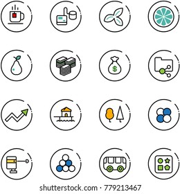 line vector icon set - tea vector, tonometer, three leafs, lemon slice, pear, big cash, money bag, shared folder, growth arrow, bungalow, forest, atom core, laser lever, billiards balls, toy bus