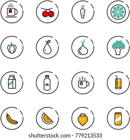 line vector icon set - tea vector, rowanberry, carrot, lemon slice, sweet pepper, pear, onion, broccoli, milk, hot, drink, banana, watermelone, strawberry