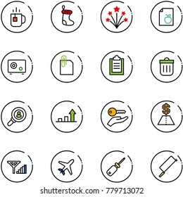 line vector icon set - tea vector, christmas sock, firework, diet list, safe, attachment, clipboard, trash bin, head hunter, growth arrow, key hand, dollar, fine signal, plane, screwdriver