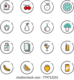line vector icon set - tea vector, rowanberry, apple, lemon slice, sweet pepper, pear, onion, broccoli, milk, breads, drink, banana, watermelone, strawberry