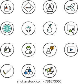 line vector icon set - tea vector, smoking area sign, snowball tree, three leafs, lemon slice, sweet pepper, pear, shared folder, hot, manager, money dialog, playback, scythe, billiards balls