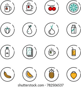line vector icon set - tea vector, rowanberry, lemon slice, sweet pepper, pear, onion, milk, breads, hot, drink, banana, watermelone, pineapple, strawberry