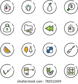 line vector icon set - tea vector, sweet pepper, pear, money search, bag, shared folder, fast backward, green, watermelone, forest, atom core, chisel, scythe, laser lever, toy caterpillar, cube hole